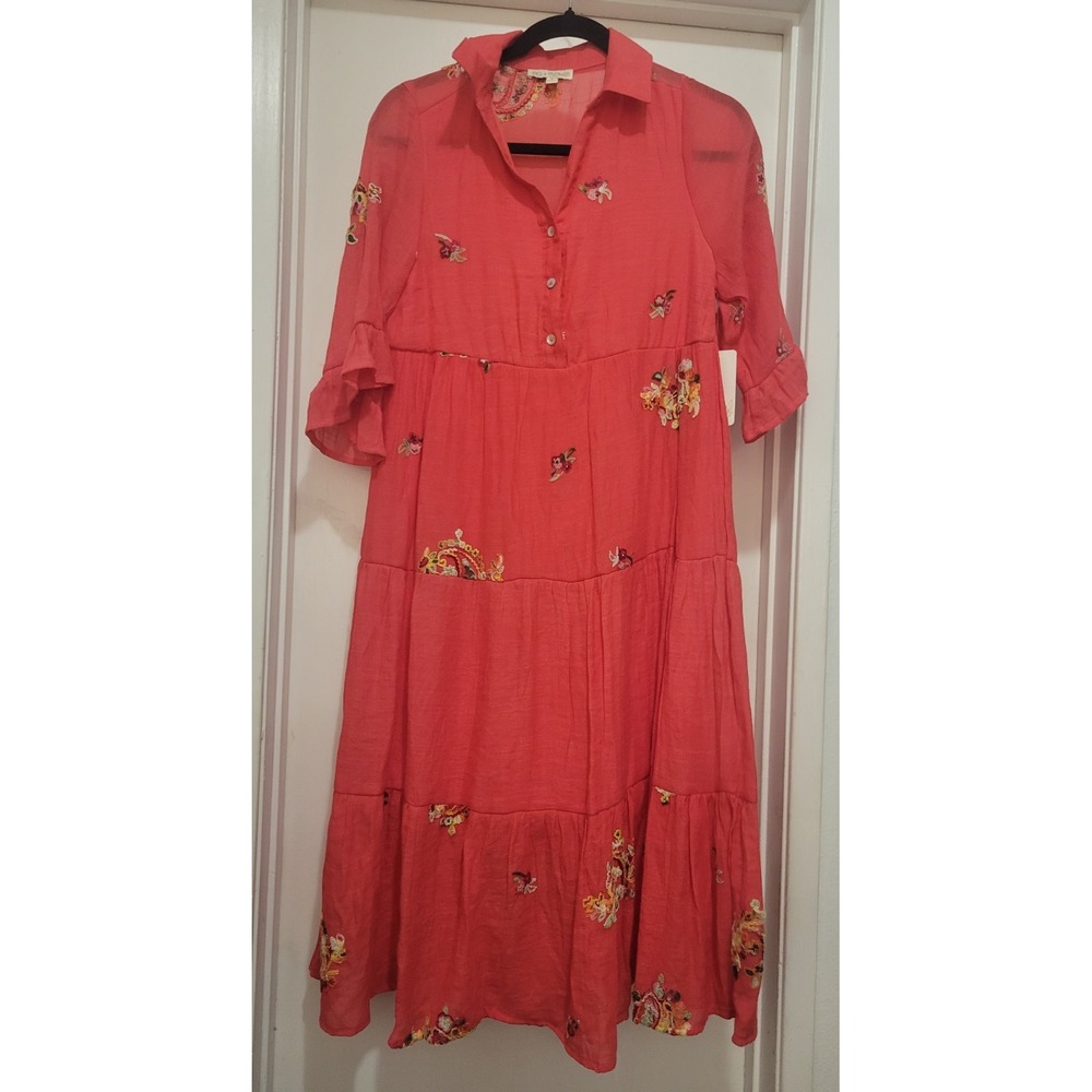 Women Embroidered Boho Coral Collared  Cottagecore Peasant Prairie Midi Dress S